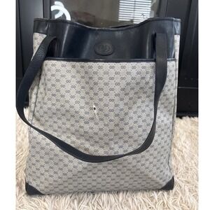RARE Vintage 1980's Gucci GG Monogram Canvas Leather‎ Trim Tote Bag Purse Navy